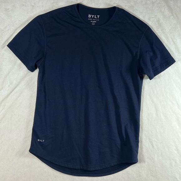 BYLT Size Large Drop Cut BYLT Blend Short Sleeve Fitted Navy Performance Shirt - Picture 1 of 8